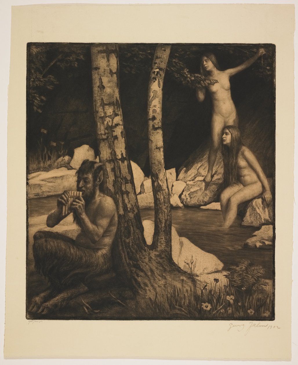 Flötender Faun (gravür ve mezzotint) by Georg Jahn