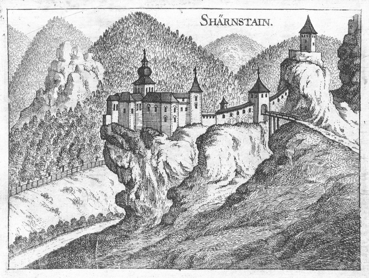 Gravür, Scharnstein Kalesi manzarası, Yukarı Avusturya by Georg Matthaus Vischer