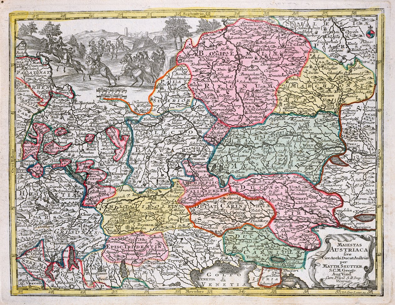 Avusturya İmparatorluğu Haritası, c.1750 (renkli gravür) by Georg Matthäus Seutter
