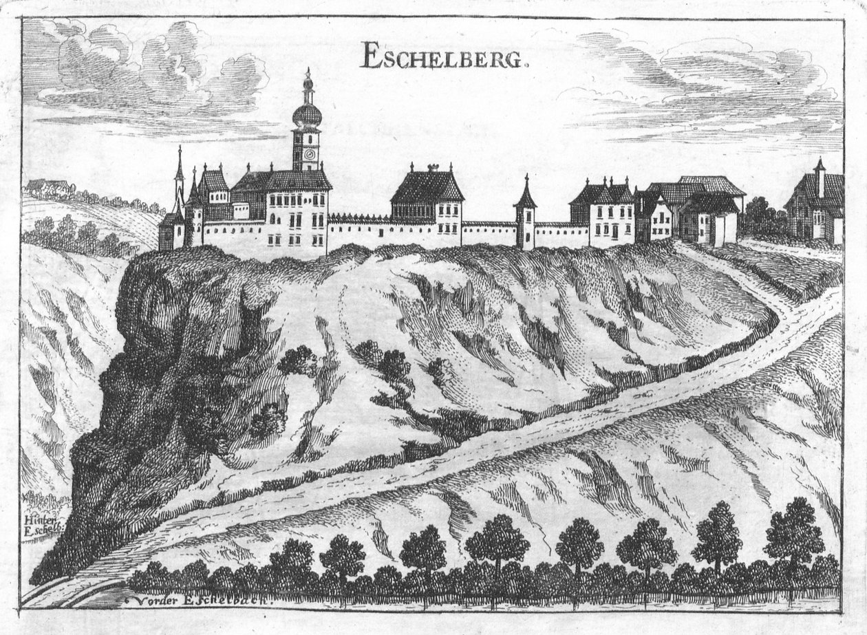 Gravür, Eschelberg kalesinin görünümü by Georg Matthäus  Vischer