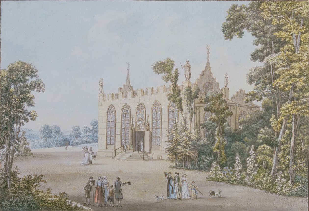 Weimar yakınlarındaki Ducal Park'taki Gotik Şapel, 1798 (renkli gravür) by Georg Melchior Kraus