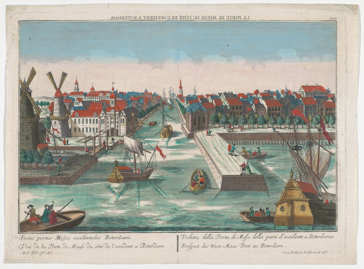 Rotterdam Prospect der West-Maas Port zu Roterdam'daki Wester Nieuwe Hoofdpoort ve Ooster Nieuwe Hoofdpoort'un görünümü (nesne üzerindeki başlık) Rotterdam (seri başlığı) by Georg Balthasar Probst