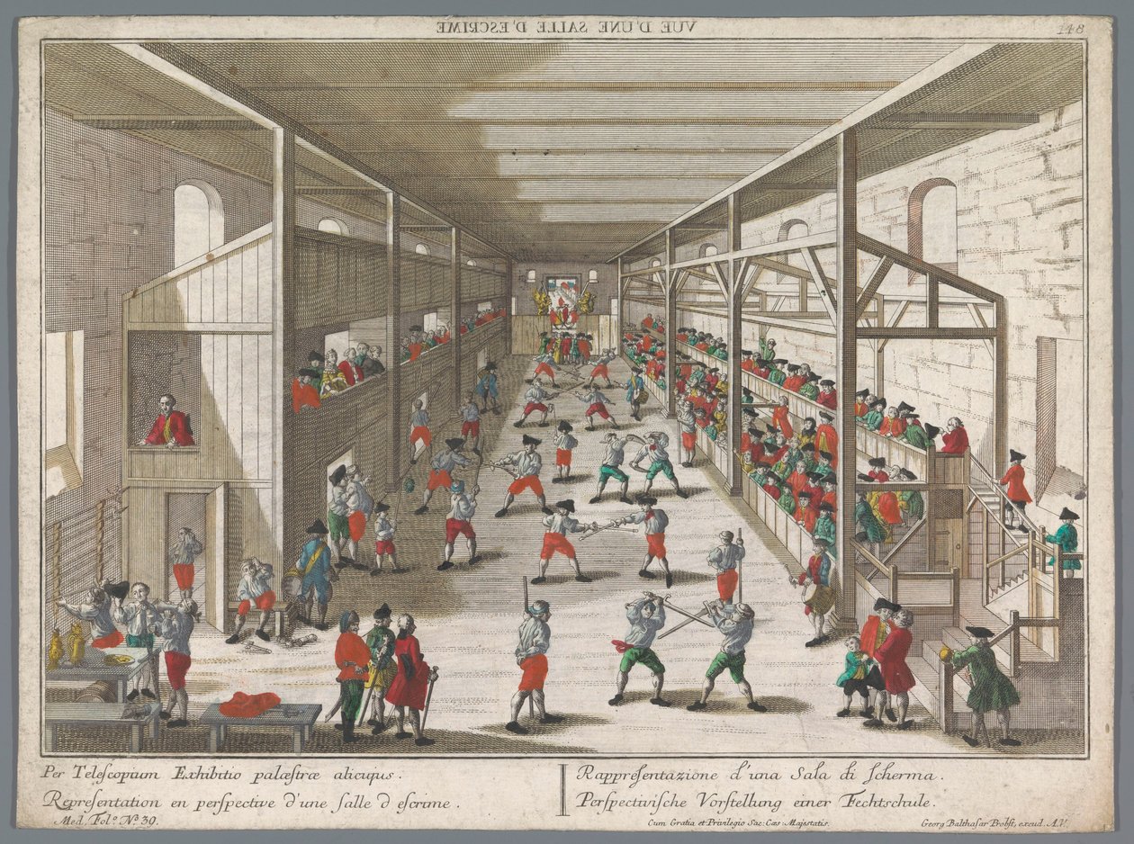 Bir eskrim okulunun görünümü Perspectivische Vorstellung einer Fechtschule (nesne üzerindeki başlık) Turnuva ve Eskrim Okulları (dizi adı) by Georg Balthasar Probst