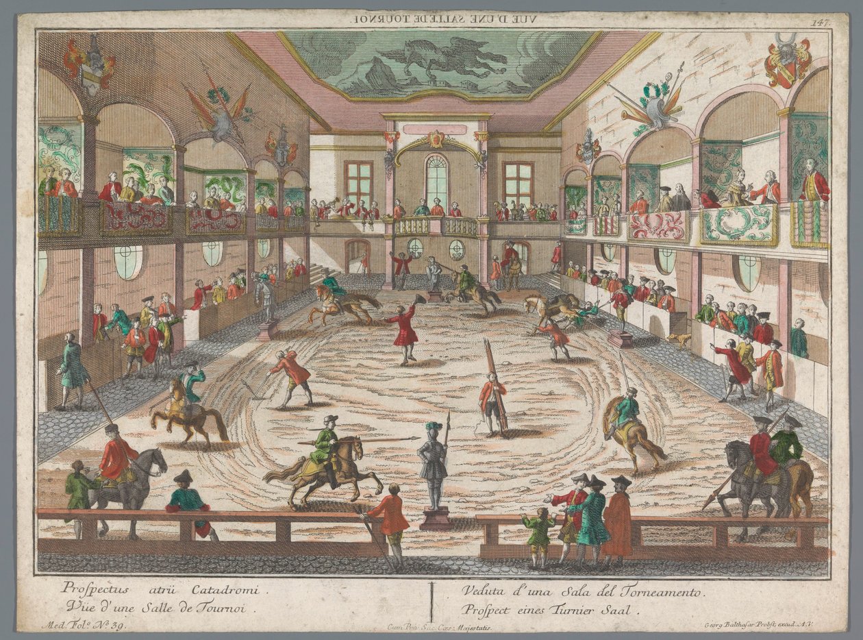 Bir turnuva okulunun görünümü Prospect eines Turnier Saal (nesne üzerindeki başlık) Turnuva ve eskrim okulları (dizi adı) by Georg Balthasar Probst