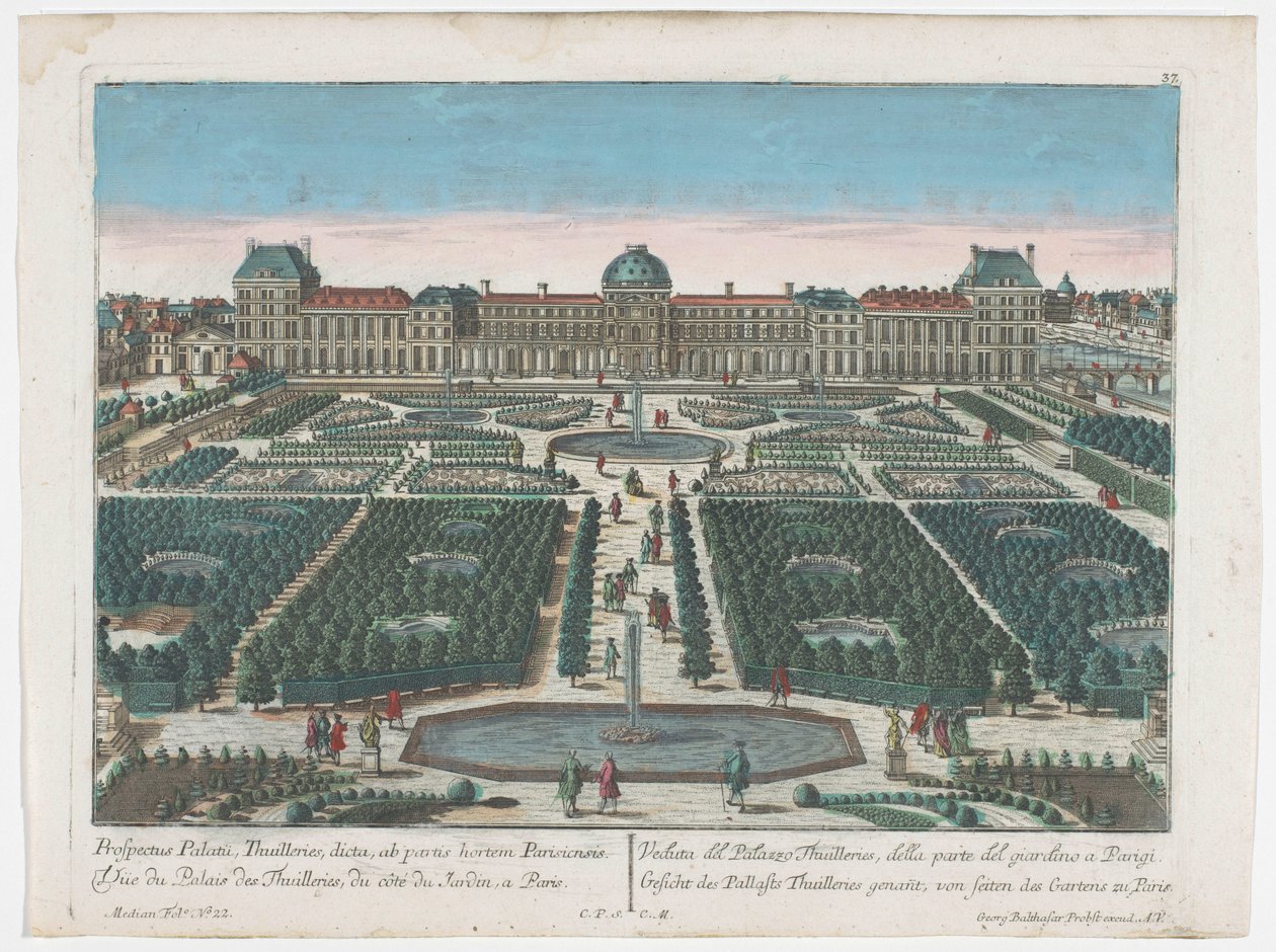 Jardin des Tuileries Gesicht des Pallasts Thuilleries genannt, von seiten des Gartens zu Paris'ten (nesne üzerindeki başlık) Paris'teki Palais des Tuileries'in görünümü Paris (dizi başlığı) by Georg Balthasar Probst
