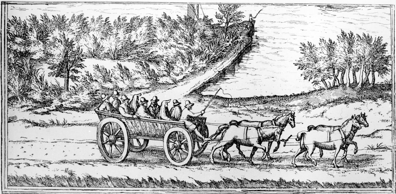 Coach with passengers in France, detail of a map, late 16th century  by Georg Braun und Franz Hogenberg