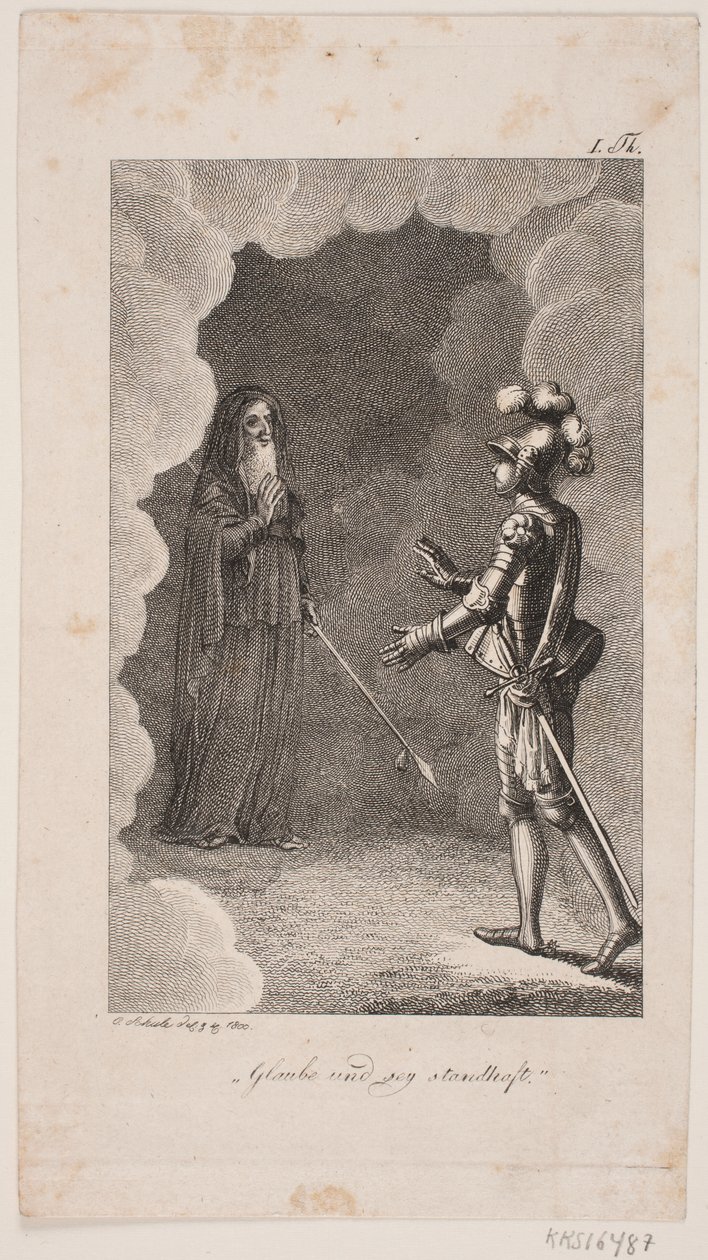 "İnan ve sabret". Zırhlı bir adam ve hırka giymiş yaşlı bir beyefendi by Georg Christian Schule