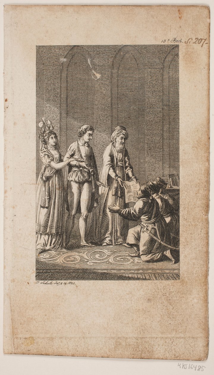 Doğulu ve diz çökmüş üç Türk askeri olan genç bir çiftin illüstrasyonu by Georg Christian Schule