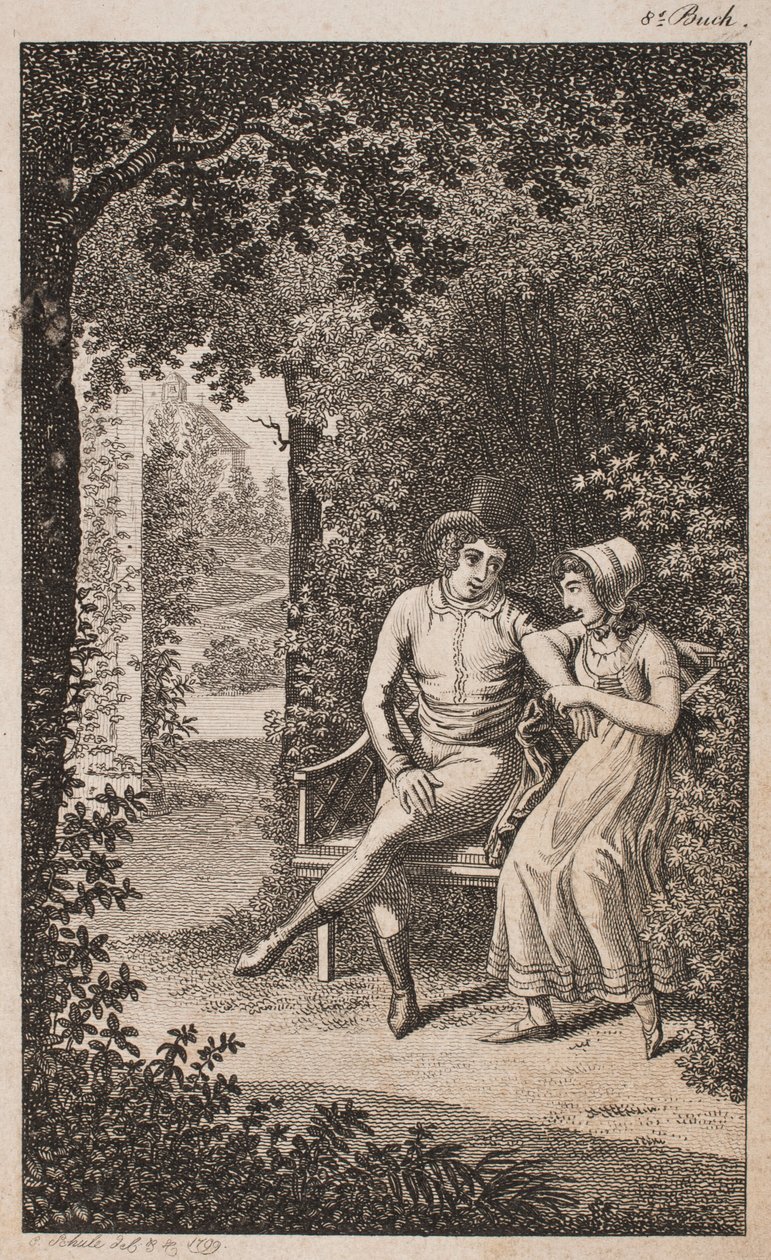 Bir bahçede bankta çift ile illüstrasyon by Georg Christian Schule