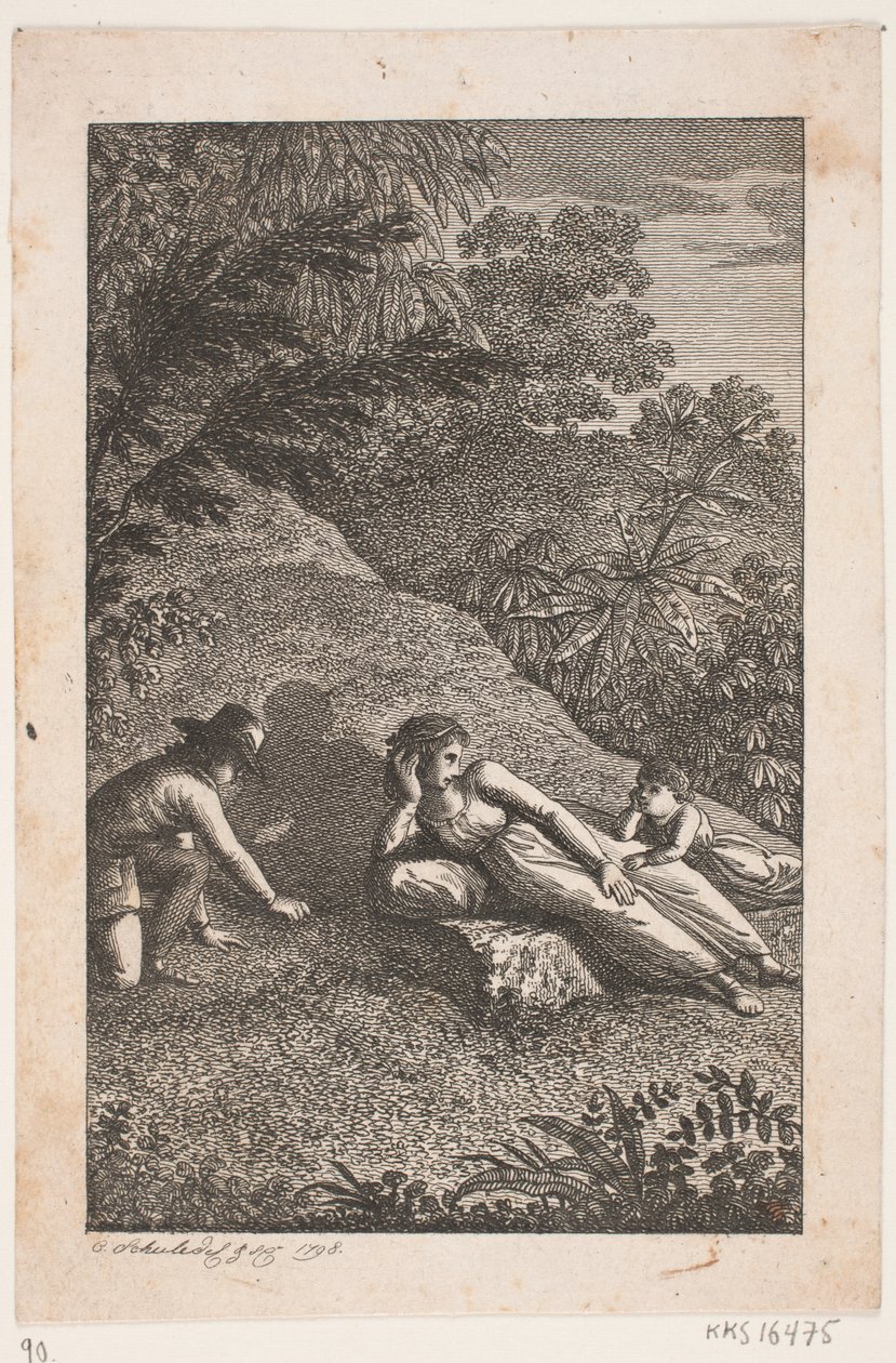 Bir manzarada erkek ve kızla yatan kadın by Georg Christian Schule