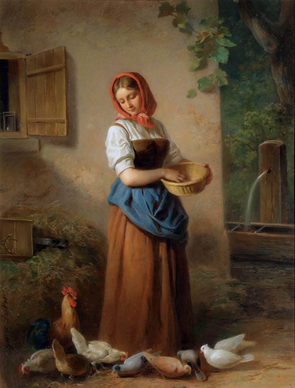 Tavukları ve güvercinleri besleyen kız by Georg Decker