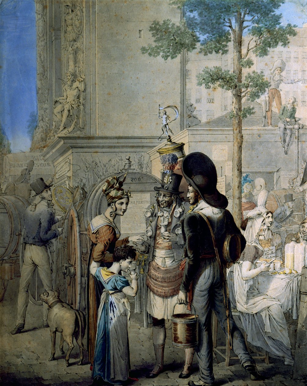 Hindistan cevizi tüccarı Porte Saint Denis Paris'te. Paris sokaklarında hindistan cevizi fincanları satan eski tüccar dükkanı. Alman George Emanuel Opitz (1775-1841), Paris tarafından çizim. Karnaval Müzesi by Georg Emanuel Opitz