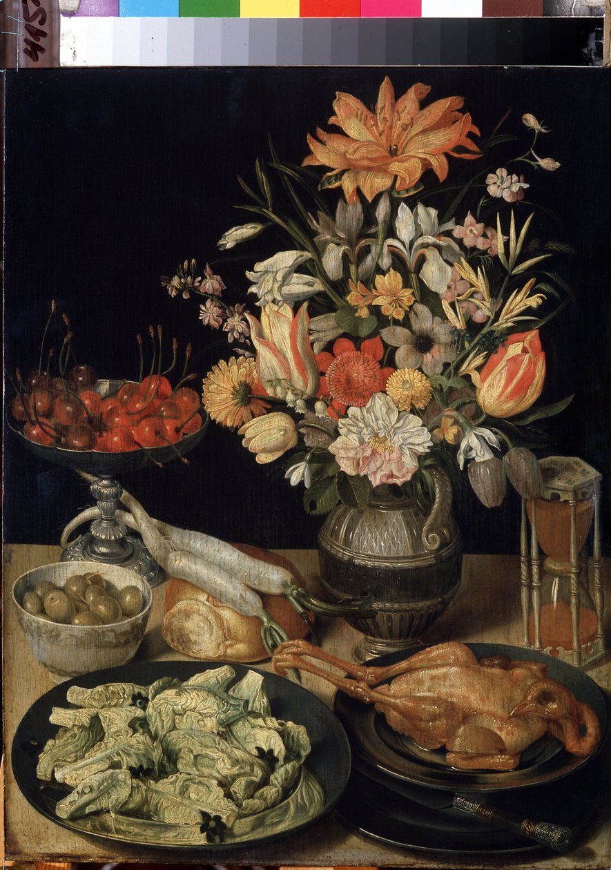 ""Çiçekler, tavuk, kum saati, zeytin, kiraz ve lahana ile natürmort"" (Çiçek ve atıştırmalık ile natürmort) Resim Georg Flegel (1566-1638) 1630-1635 Boyut 52,5x41 cm Hermitage Müzesi, Sankt Petersburg by Georg Flegel