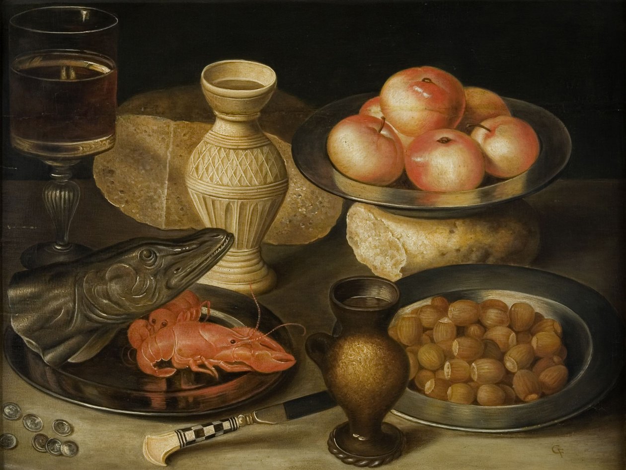 Siegburg seramikten sürahi, bardak, bıçak, iki somun ile natürmort, 17. yüzyıl başları.. by Georg Flegel