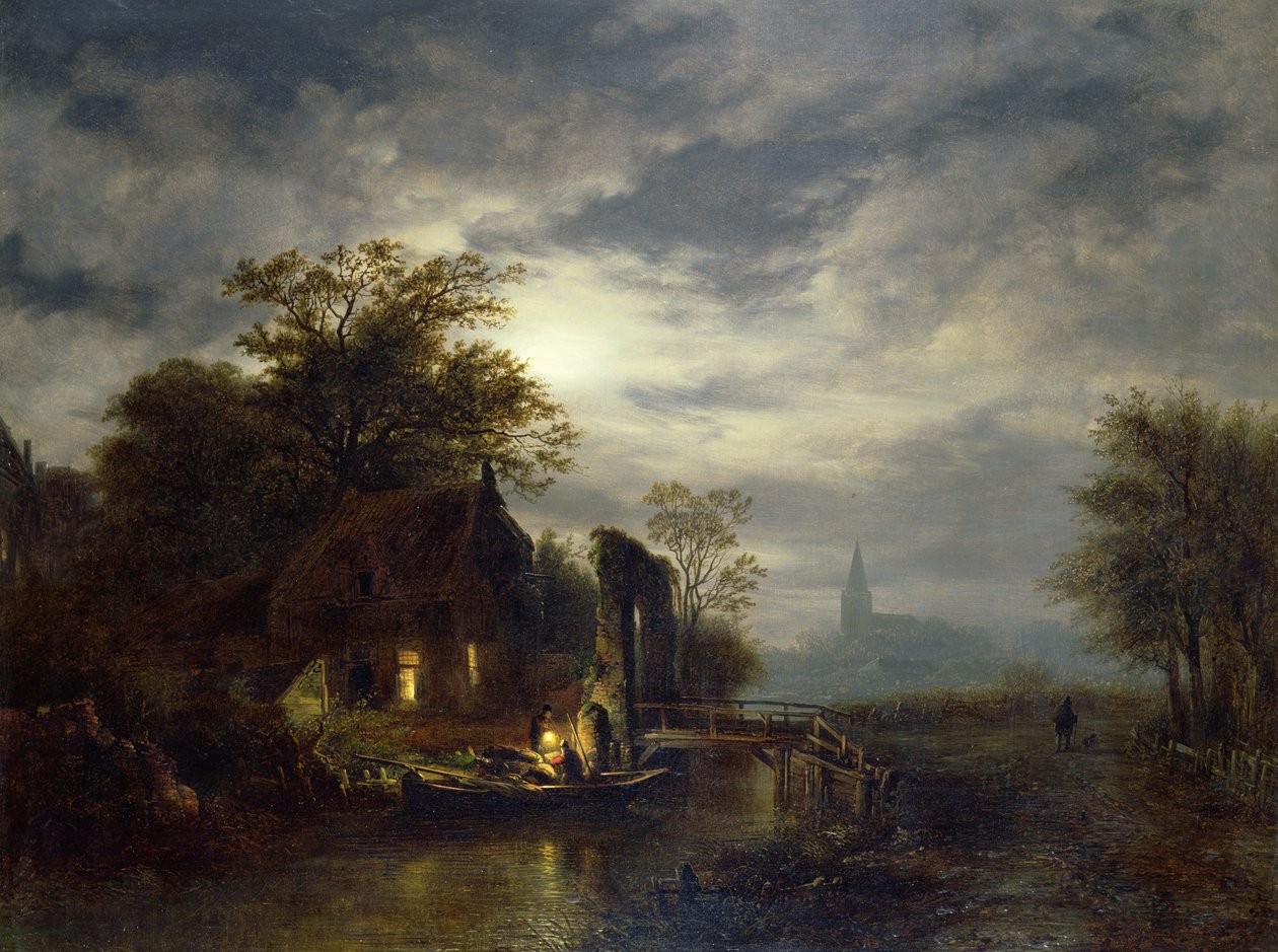 Bir tekne boşaltma figürleri ile mehtaplı nehir sahnesi by Georg Gillis van Haanen