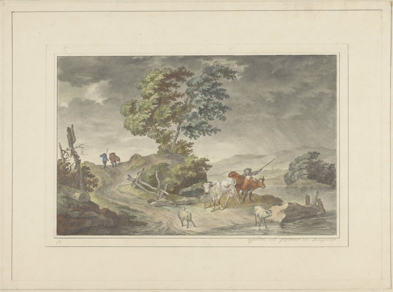 Sığır çobanı ve tehditkar bir gökyüzüne karşı yürüyüşçüler ile tepelik manzara by Georg Lamprecht (possibly)