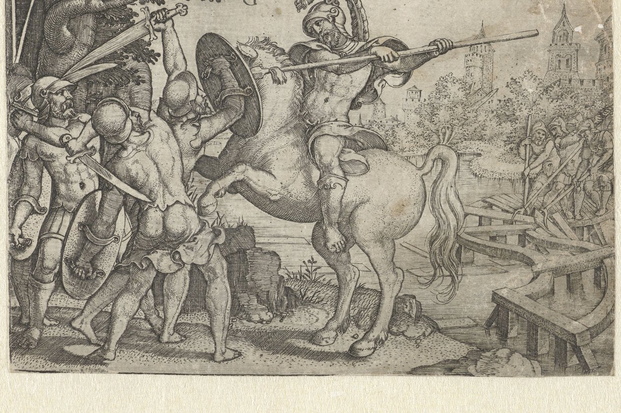 Horace Cocles, Tiber üzerindeki köprüyü koruyor Erken Roma Tarihinden Öyküler (dizi başlığı) by Georg Pencz
