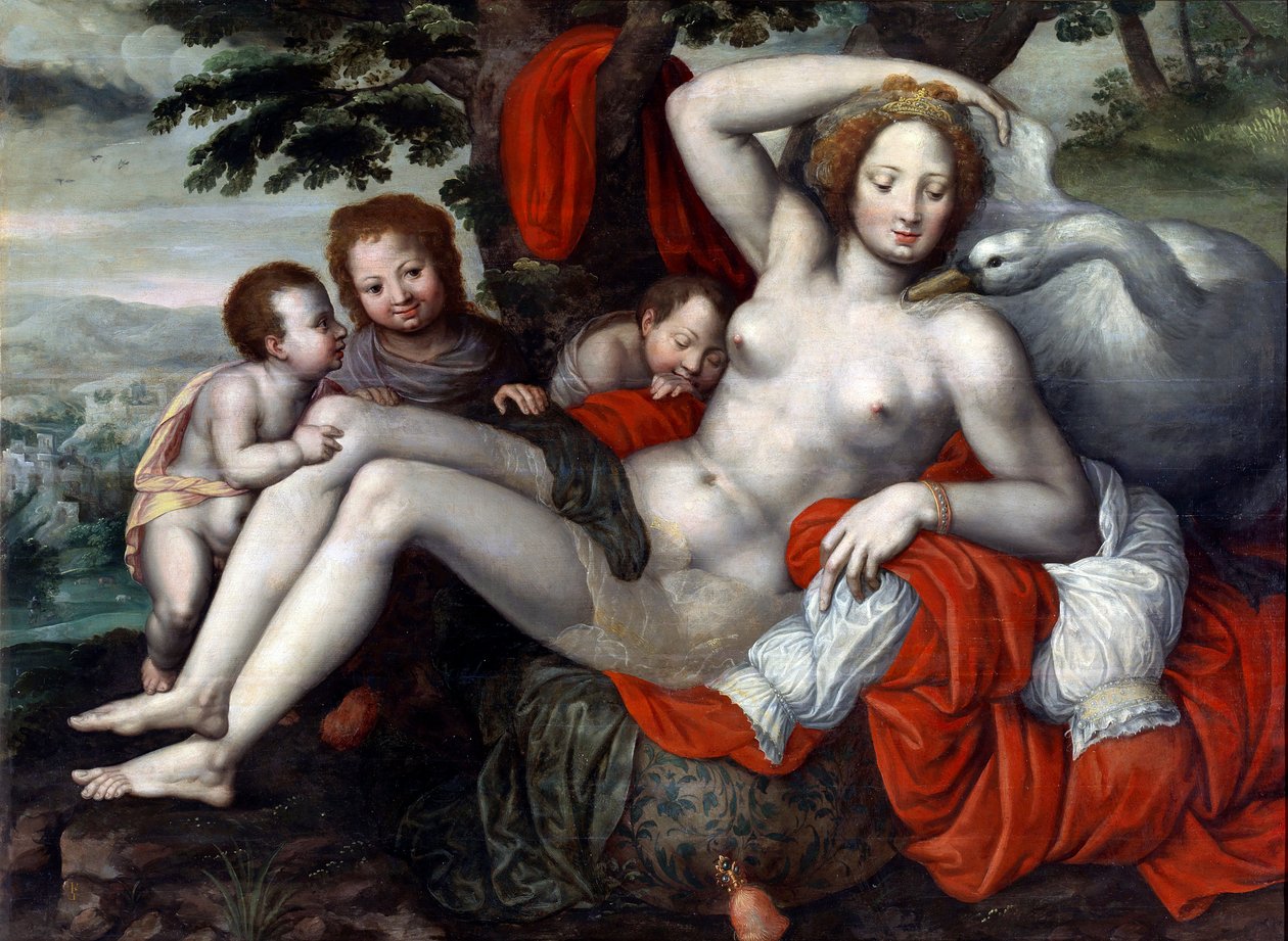 ""Leda et le cygne"" - Leda and the Swan par Pencz, Georg (Jorg) (1500/02-1550), 16. yüzyılın ortası. - Ahşap üzerine yağlı boya, 92x126 - Museo del Prado, Madrid by Georg Pencz