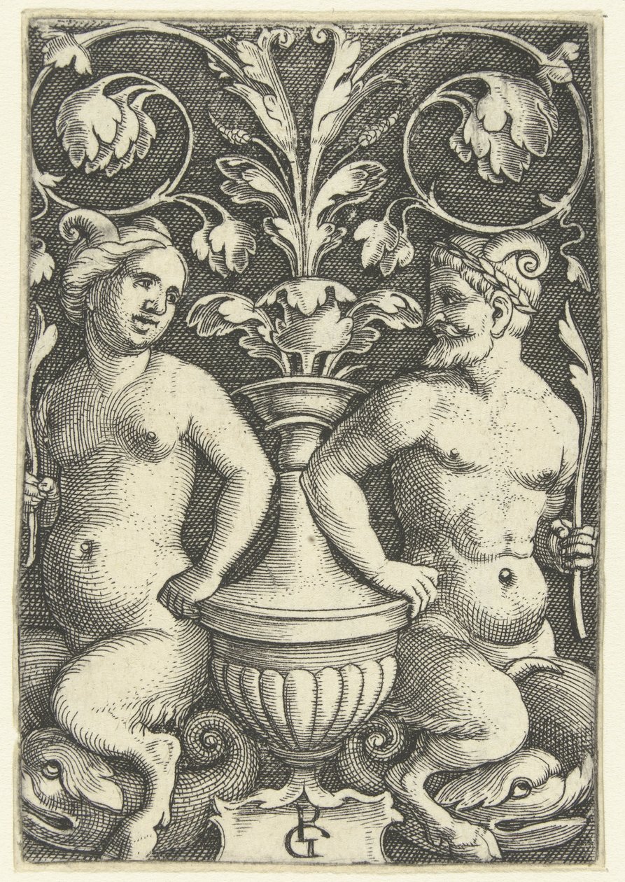 Kadın ve erkek satir Grotesk ve yaprak sarmaşıklarla yüzey süslemeleri (seri başlığı) by Georg Pencz
