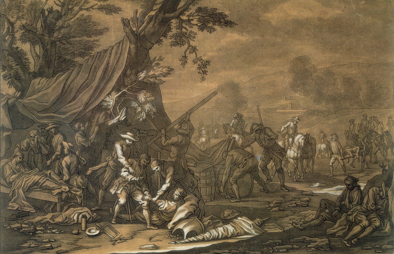 İspanya Veraset Savaşı sırasında Savaş Alanının Askeri Cerrahı, 1707, Christian Rugendas (1708-81) tarafından kazınmış, c.1740 by Georg Philipp I Rugendas