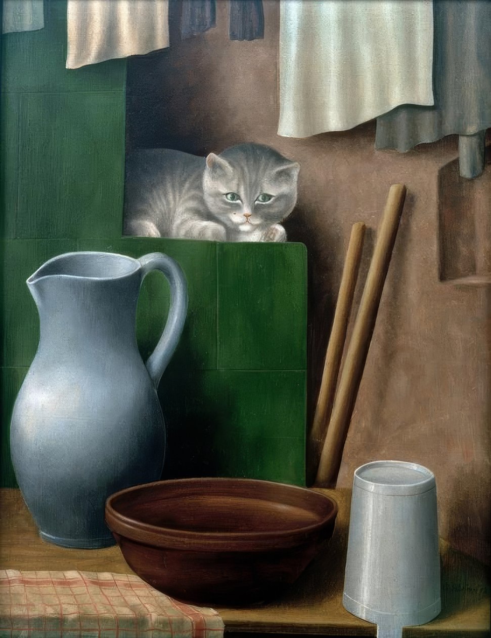Bir kedi ile natürmort (fırın köşesi) by Georg Schrimpf