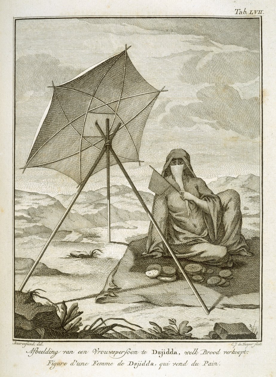 Çölde gözleme yapan Dsjiddalı kadın, C.J. de Huyser tarafından oyulmuş, c.1772-74 yayınlandı by Georg Wilhelm Baurenfeind