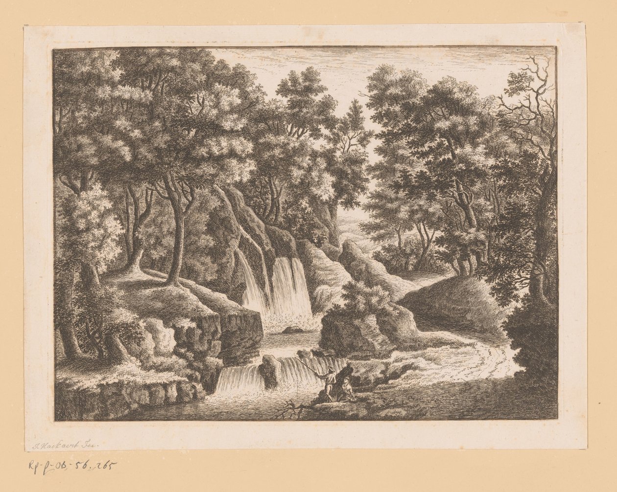 Ön planda iki balıkçı ile ormandaki şelale by Georg Wolfgang Knorr (possibly)