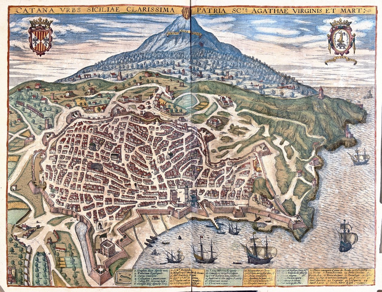 Catania, Etna ile arka planda, Sicilya, İtalya (gravür by Georg Braun and Hogenberg Franz