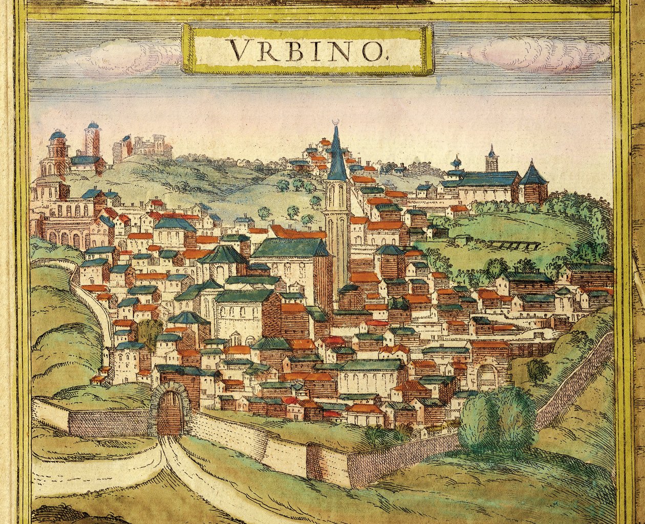 İtalya, Urbino, Şehir manzarası, Georg Braun (1541-1622) ve Franz Hogenberg (1535-1590) tarafından Civitates Orbis Terrarum