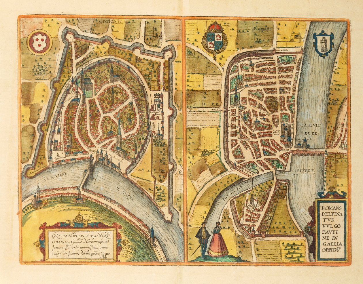Dünya Şehirlerinden Grenoble ve Le Mans Haritası, Georg Braun by Georg Braun and Hogenberg Franz