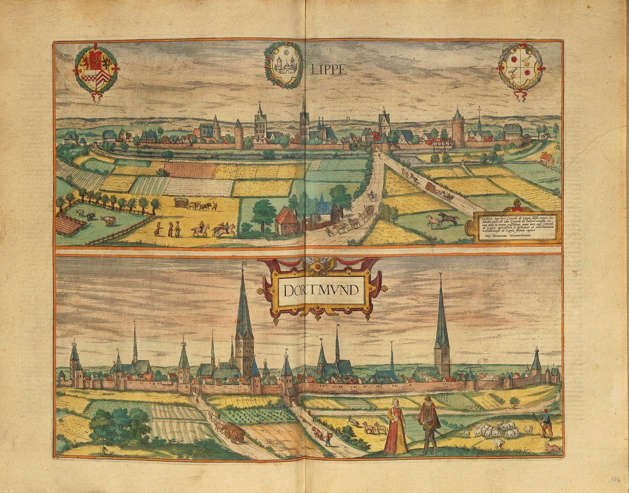 Georg Braun tarafından II. Dünya Savaşı'ndan Lippe ve Dortmund Haritası by Georg Braun and Hogenberg Franz