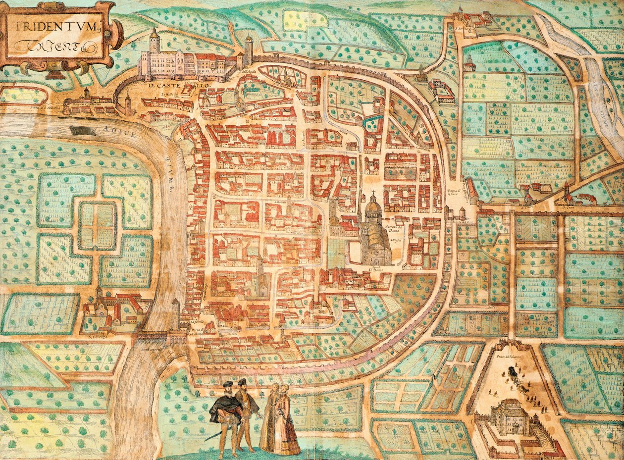 Tridentum Haritası, bugün Trent, Georg Braun ve Franz Hogenberg tarafından, Civitates Orbis Terrarum, İtalya