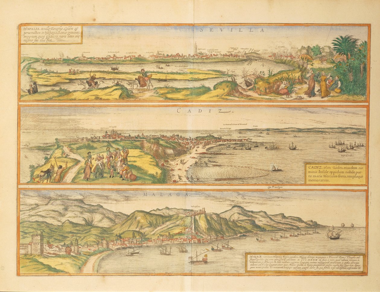 Sevilla, Cadiz ve Malaga, İspanya Haritaları by Georg Braun and Hogenberg Franz