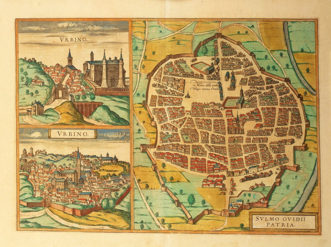Urbino ve Sulmona, Abruzzo ve Marches bölgelerinin haritaları, İtalya, Georg Braun tarafından Dünya Şehirlerinden by Georg Braun and Hogenberg Franz