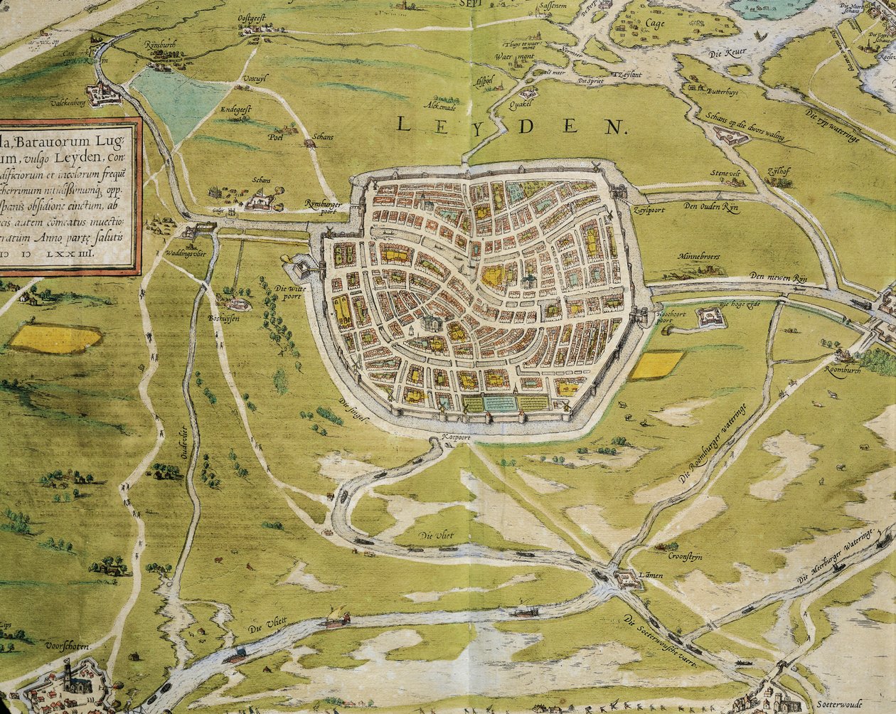 Hollanda, Leiden şehir ve bölge haritası Civitates Orbis Terrarum tarafından Georg Braun (1541-1622) ve Franz Hogenberg (1540-1590), Köln, gravür by Georg Braun and Hogenberg Franz