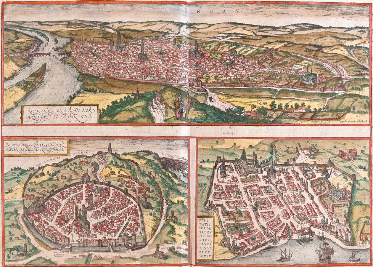 Rouen, Nimes, Bordeaux, Fransa by Georg and Hogenberg Franz (1535-90) Braun