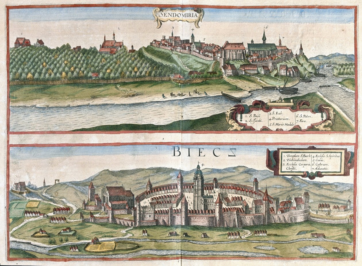 Sandomierz ve Biecz, Polonya (gravür by Georg Braun and Hogenberg Franz