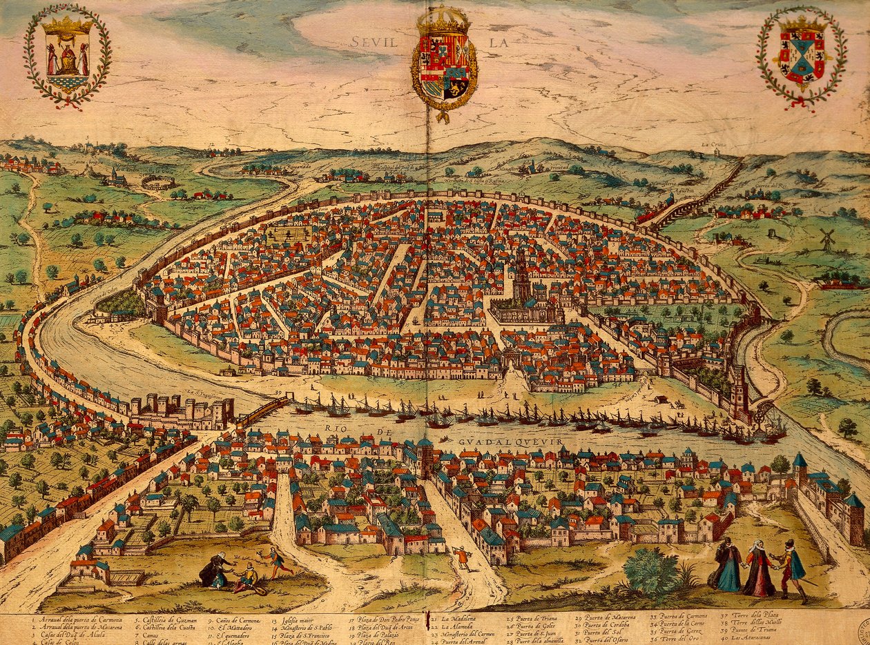 İspanya, Sevilla, Şehir manzarası, Georg Braun (1541-1622) ve Franz Hogenberg (1535-1590) tarafından Civitates Orbis Terrarum