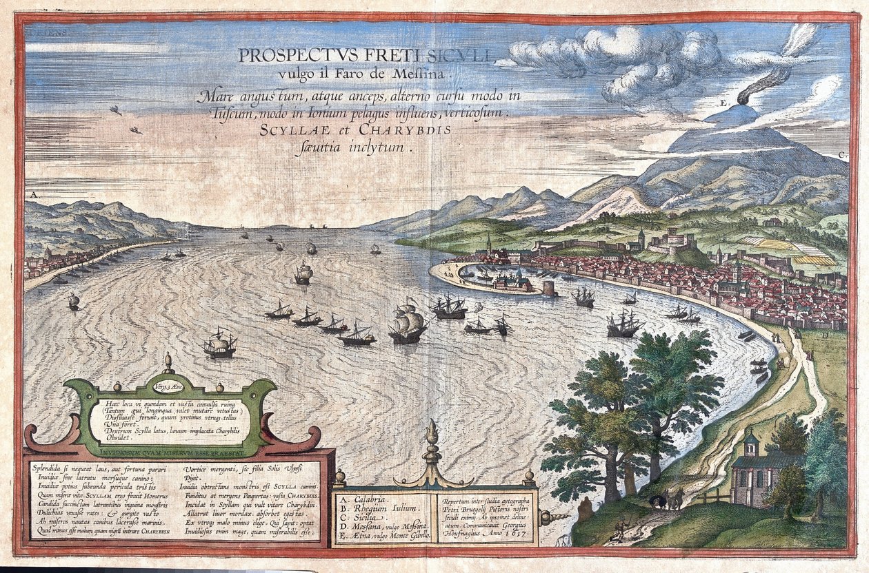 Messina Detroit, Sicilya ve Calabria (İtalya) arasında (gravür by Georg Braun and Hogenberg Franz