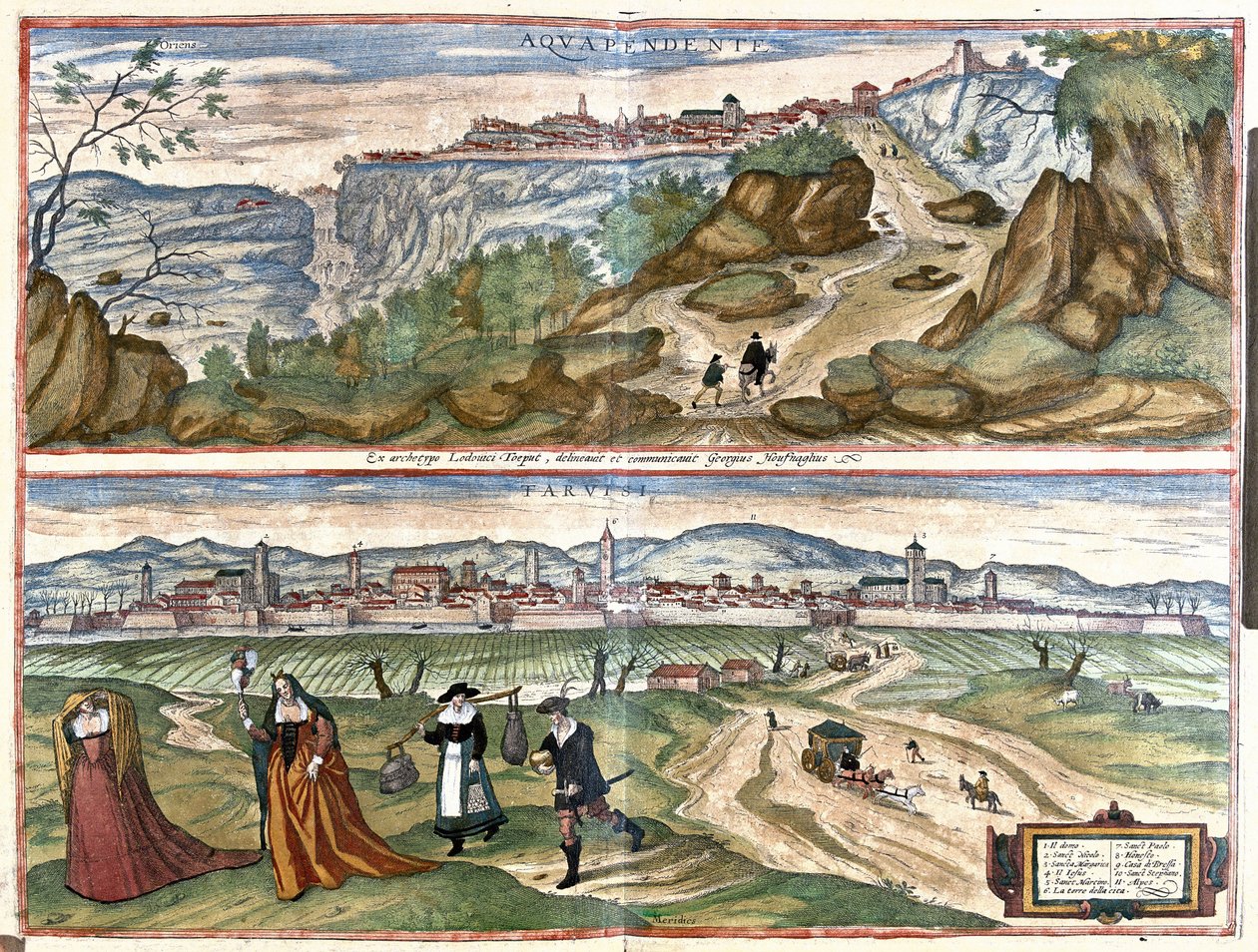 Acquapendente (Viterbo ili) ve Treviso, İtalya (gravür by Georg Braun and Hogenberg Franz
