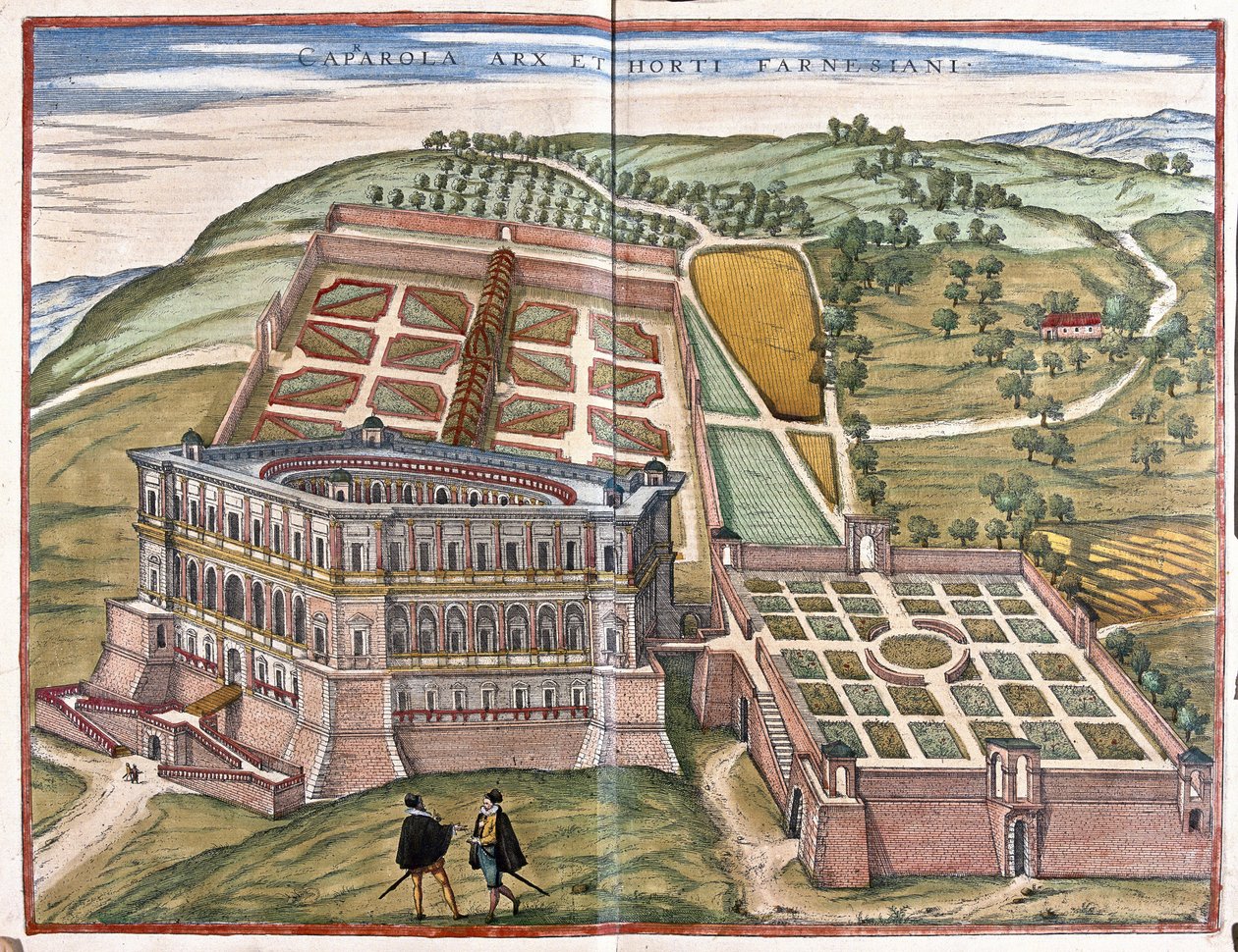 Caprarola Sarayı ve Farnese bahçeleri, Lazio, İtalya (gravür by Georg Braun and Hogenberg Franz