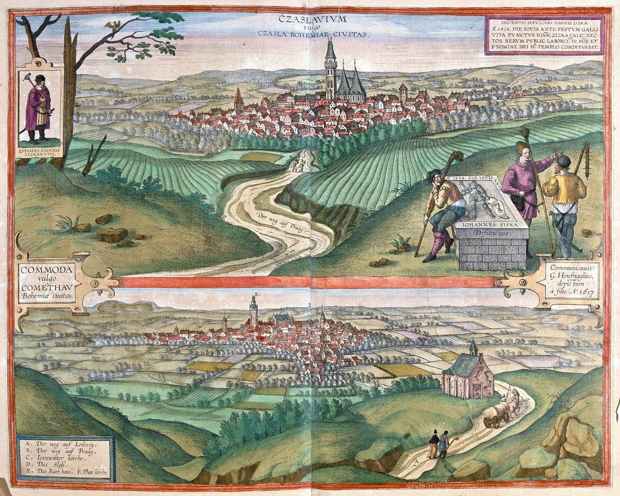 Caslav (Boheme) ve Chomutov, Çek Cumhuriyeti (gravür by Georg Braun and Hogenberg Franz