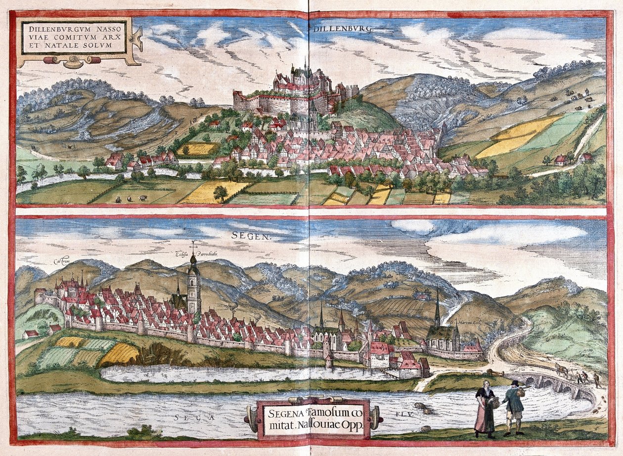 Dillenburg (Hesse) ve Siegen (Kuzey Rhenania Westphalia), Almanya (gravür by Georg Braun and Hogenberg Franz