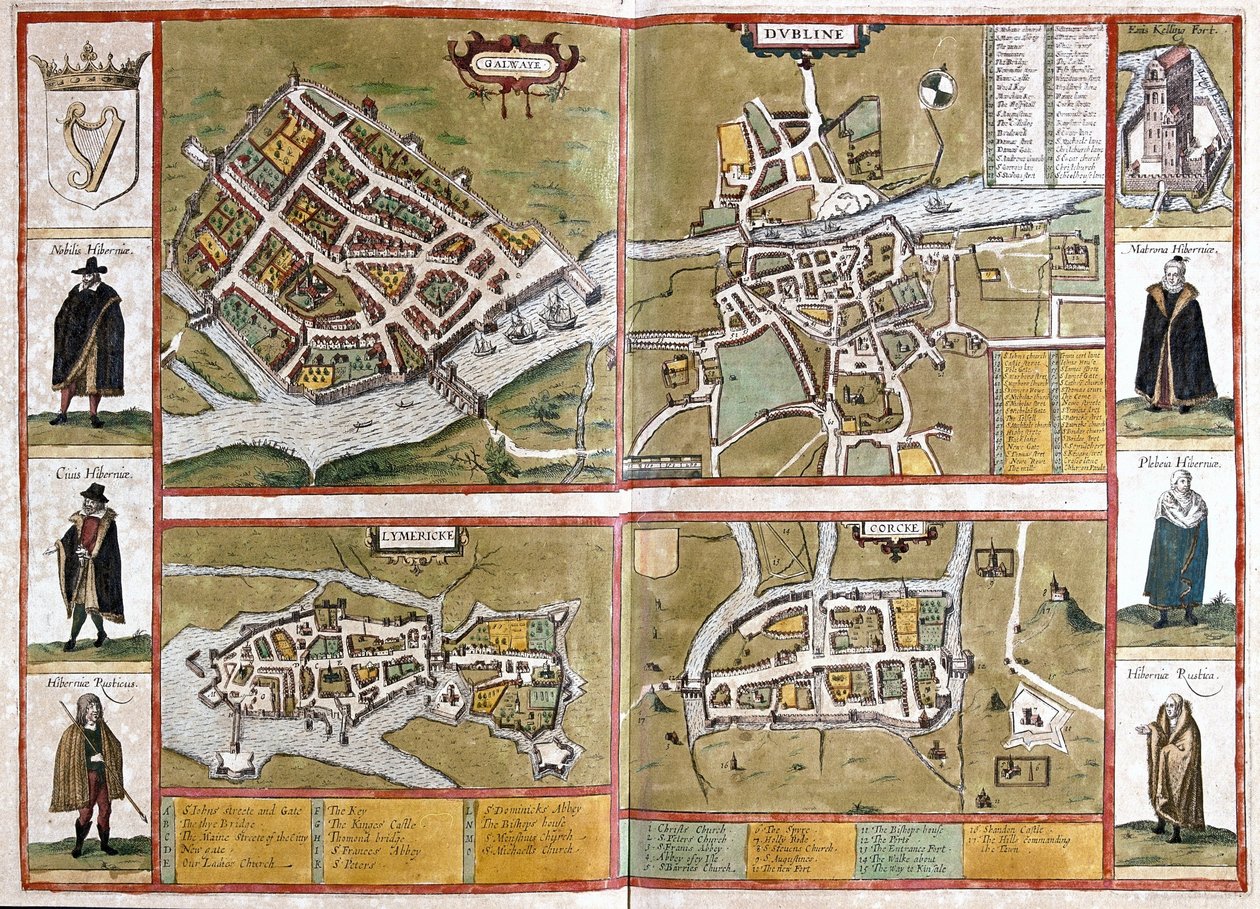 Galway, Dublin, Limerick ve Cork, İrlanda (gravür by Georg Braun and Hogenberg Franz