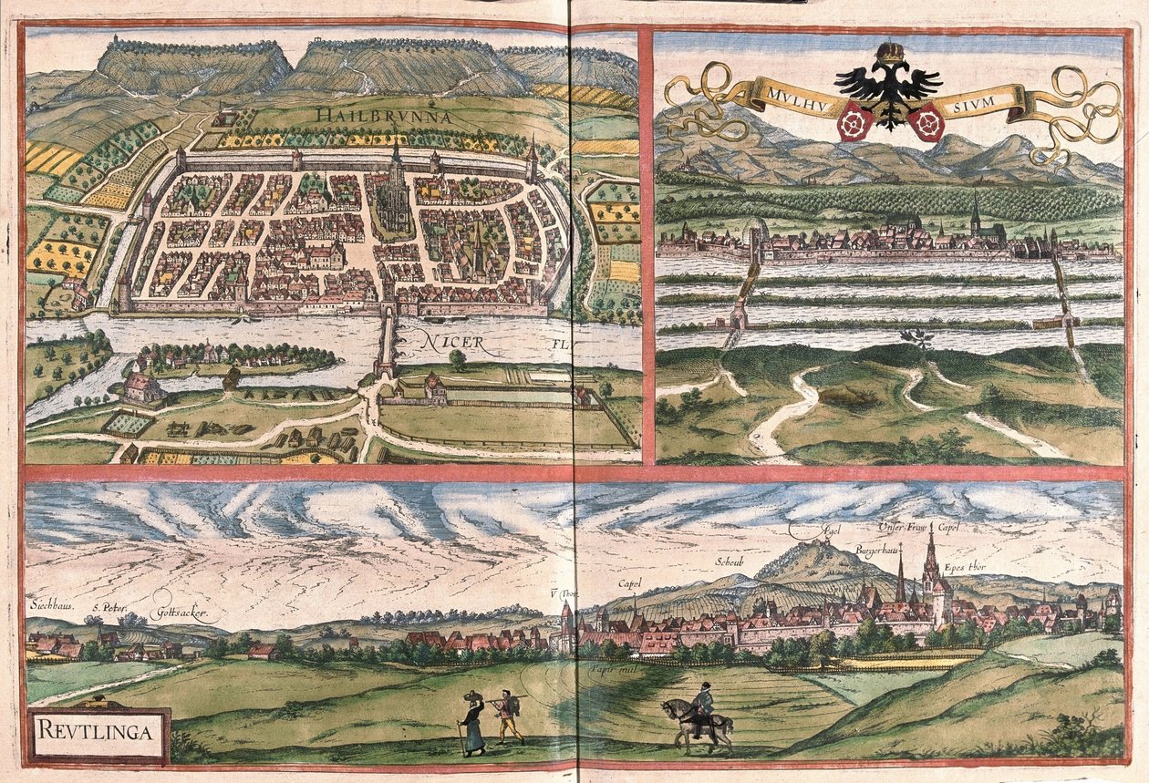 Heilbronn (Almanya), Mulhouse (Fransa) ve Reutlingen (Almanya) (gravür by Georg Braun and Hogenberg Franz