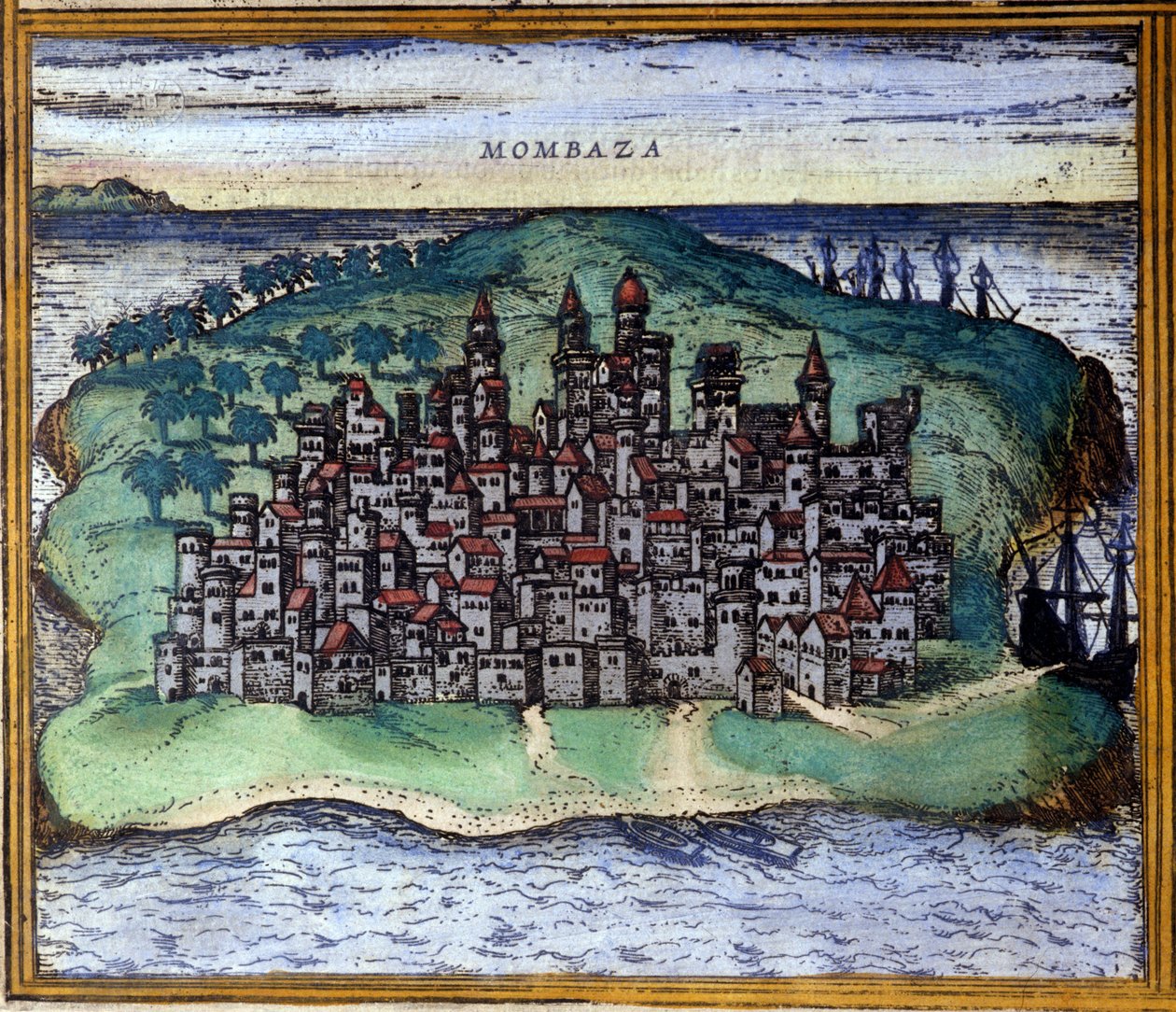 Braun ve Hogenberg tarafından hazırlanan Atlas “Civitates Orbis Terrarum”dan sonra şehrin Portekizliler tarafından işgal edildiği 16. yüzyılda Mombasa veya Mombassa, Kenya'nın görünümü by Georg Braun and Hogenberg Franz