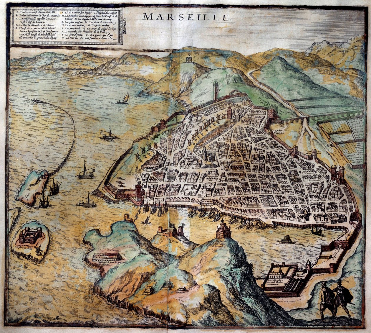 Sokak haritası ile Marsilya şehrinin görünümü. Atlas de Braun ve Hogenberg 1572 Marsilya