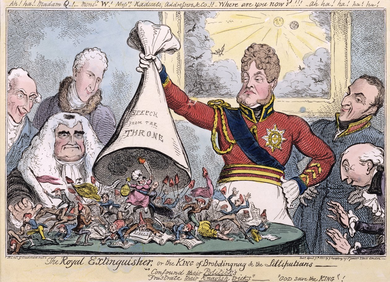Kraliyet Söndürücü veya Brobdingnag Kralı ve Lilliputians, 1821 by Isaac, Robert and George Cruikshank