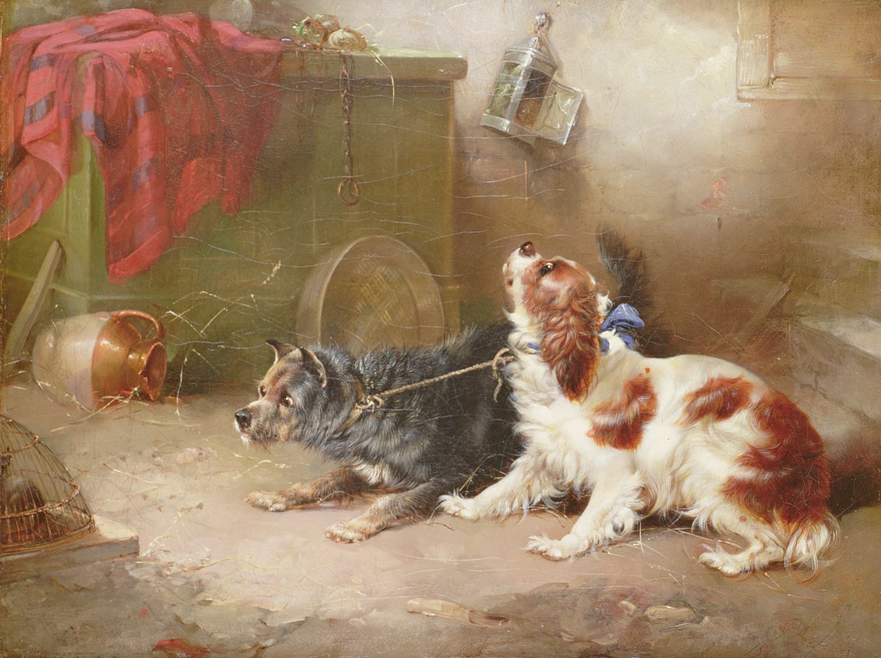 Bir Teriyer ve Bir Kral Charles Spaniel Bir Fareyi Korkutuyor by George Armfield