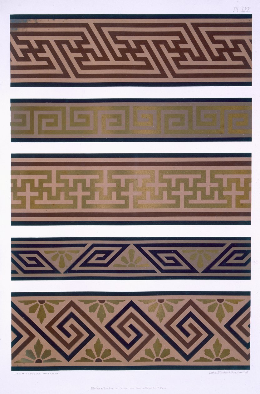 Japon Süsleme: Koyu renk zemin üzerine altın şeritler veya bordürler, 'Pratik Dekoratör ve Ornamentalist'ten LXX plakası, 1892 yayınlandı by George Ashdown Audsley